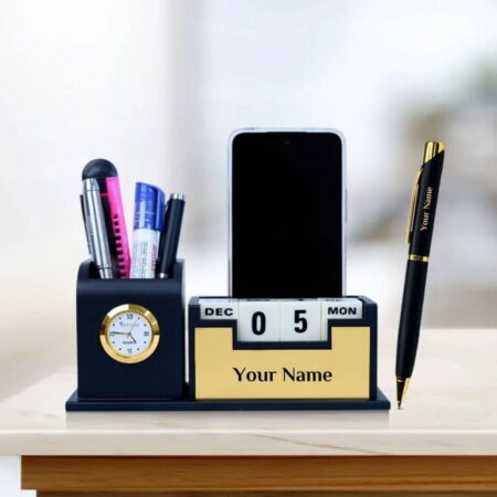 Personalized Desk Organizer with Calendar, Clock, and Pen