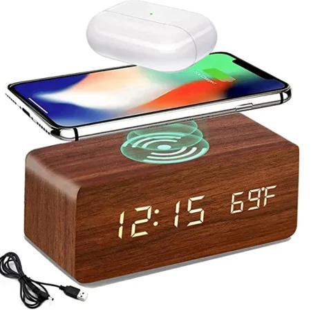 Digital Wooden Alarm Clock with Wireless Charger